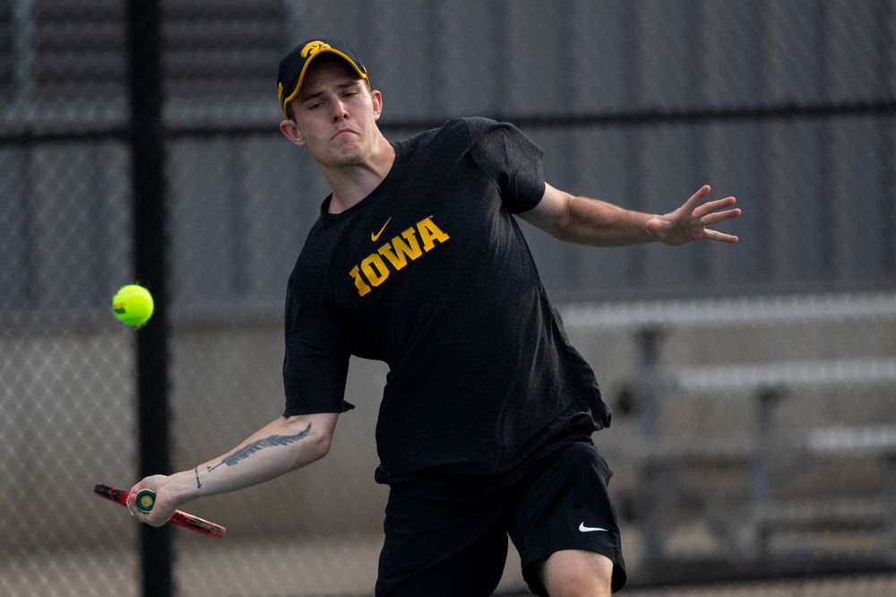 IowaÕs Jonas Larsen at tennis vs Illinois State on Sunday, April 21, 2019 at the Hawkeye Tennis and Recreation Complex. (Lily Smith/hawkeyesports.com)