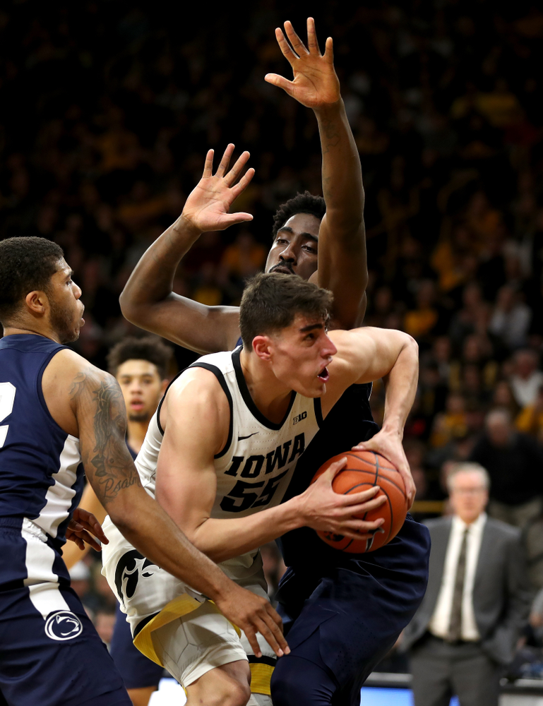 Iowa Hawkeyes forward Luka Garza (55) against Penn State Saturday, February 29, 2020 at Carver-Hawkeye Arena. (Brian Ray/hawkeyesports.com)
