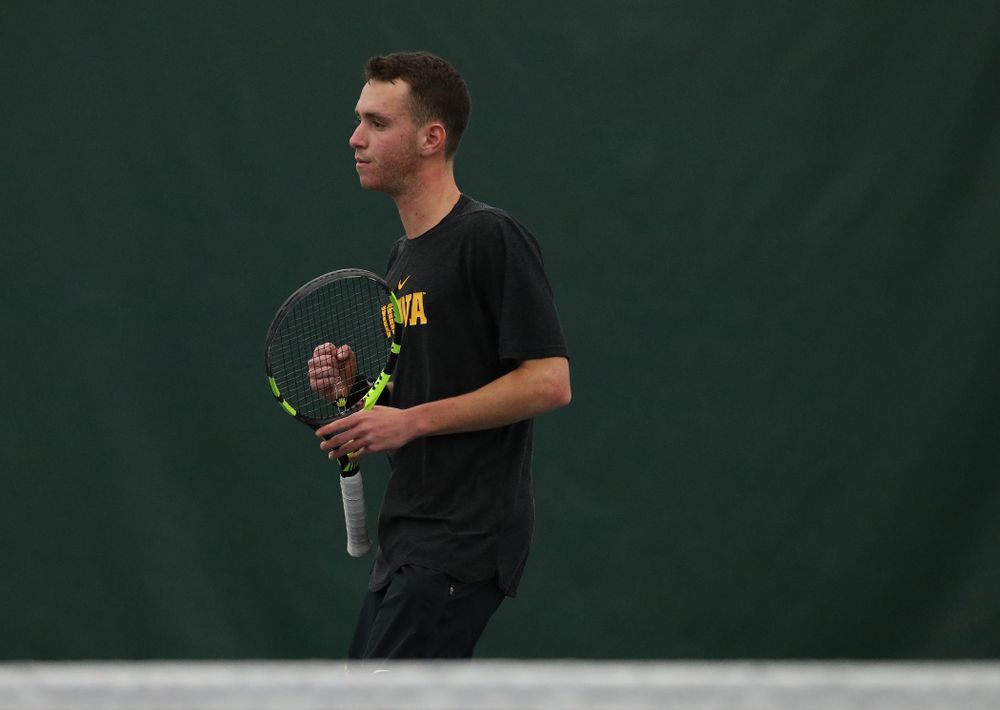 Iowa's Kareem Allaf against UMKC Friday, February 15, 2019 at the Hawkeye Tennis and Recreation Complex. (Brian Ray/hawkeyesports.com)