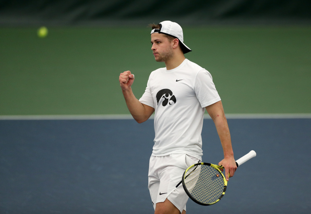 Iowa’s Will Davies against Cornell Sunday, March 8, 2020 at the Hawkeye Tennis and Recreation Center. (Brian Ray/hawkeyesports.com)