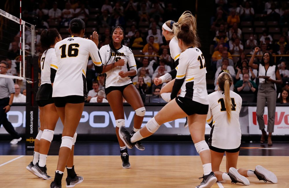 Iowa Hawkeyes middle blocker Amiya Jones (9) against the Michigan State Spartans Friday, September 21, 2018 at Carver-Hawkeye Arena. (Brian Ray/hawkeyesports.com)