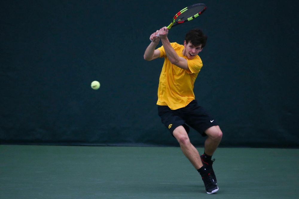 Iowa's Joe Tyler at a tennis match vs Drake Friday, March 8, 2019 at the Hawkeye Tennis and Recreation Complex. (Lily Smith/hawkeyesports.com)