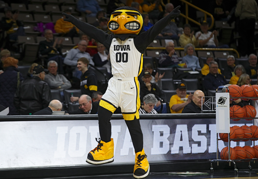 Herky takes the court before the game at Carver-Hawkeye Arena in Iowa City on Thursday, February 6, 2020. (Stephen Mally/hawkeyesports.com)
