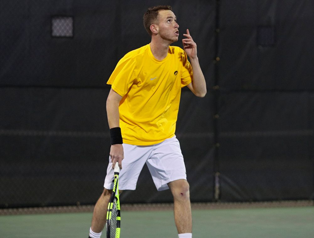 Iowa's Kareem Allaf celebrates after winning his match again Michigan State at the Hawkeye Tennis and Recreation Complex in Iowa City on Friday, Apr. 19, 2019. (Stephen Mally/hawkeyesports.com)