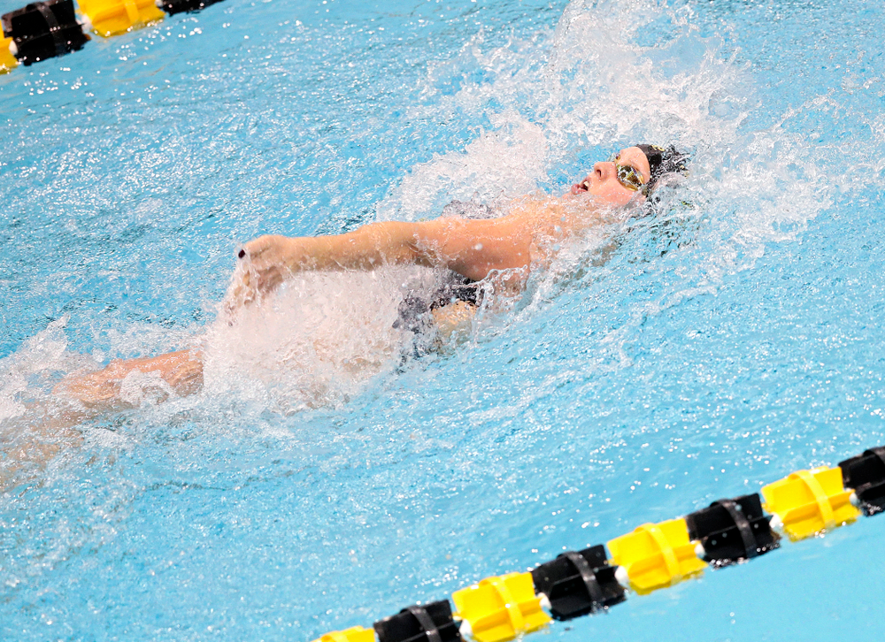 Iowa’s Julia Koluch swims the women’s 50 yard backstroke event during their meet at the Campus Recreation and Wellness Center in Iowa City on Friday, February 7, 2020. (Stephen Mally/hawkeyesports.com)