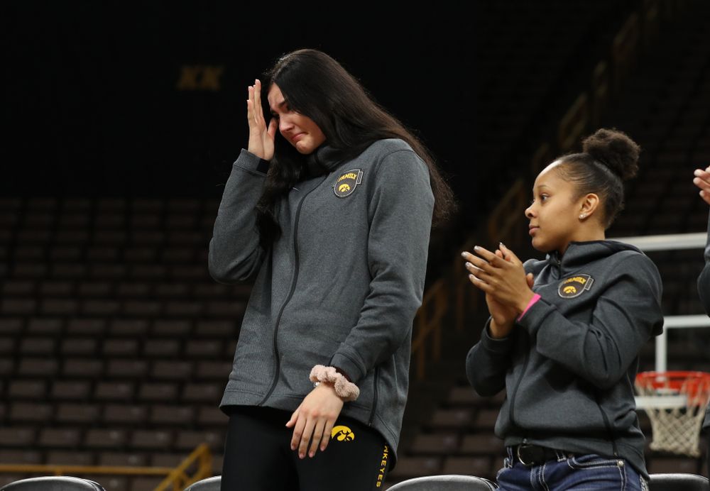 Henry B. and Patricia B. Tippie Director of Athletics Chair announces that the jersey of Iowa Hawkeyes forward Megan Gustafson (10) will be retired at a ceremony next season during the teamÕs Celebr-Eight event Wednesday, April 24, 2019 at Carver-Hawkeye Arena. (Brian Ray/hawkeyesports.com)