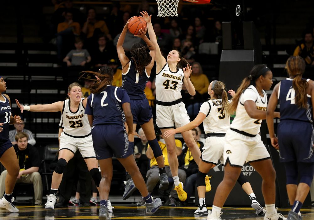 Iowa Hawkeyes forward Amanda Ollinger (43) blocks a shot against Penn State Saturday, February 22, 2020 at Carver-Hawkeye Arena. (Brian Ray/hawkeyesports.com)