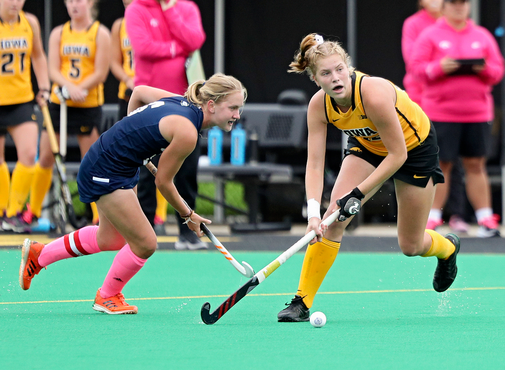 Iowa’s Lokke Stribos (14) looks to pass during the second quarter of their game against UC Davis at Grant Field in Iowa City on Sunday, Oct 6, 2019. (Stephen Mally/hawkeyesports.com)