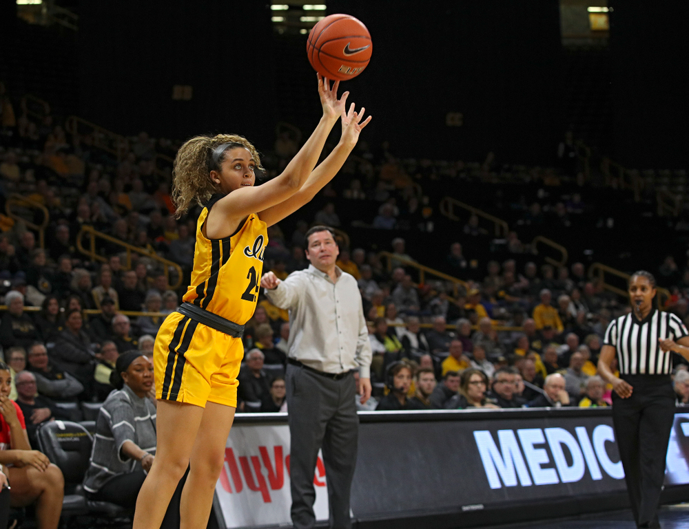 Iowa Hawkeyes guard Gabbie Marshall (24) makes a 3-pointer during the second quarter of their game at Carver-Hawkeye Arena in Iowa City on Thursday, January 23, 2020. (Stephen Mally/hawkeyesports.com)