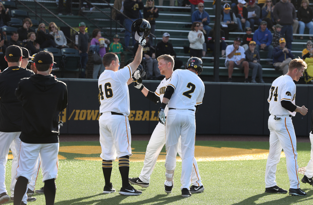 Iowa Hawkeyes Zeb Adreon (5) celebrates after hitting a grand slam against the Michigan State Spartans Friday, May 10, 2019 at Duane Banks Field. (Brian Ray/hawkeyesports.com)