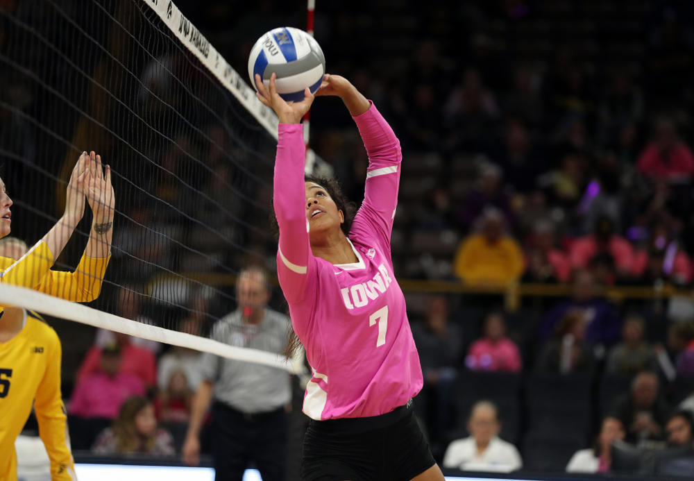 Iowa Hawkeyes setter Brie Orr (7) against the Michigan Wolverines Friday, October 11, 2019 at Carver-Hawkeye Arena.(Brian Ray/hawkeyesports.com)
