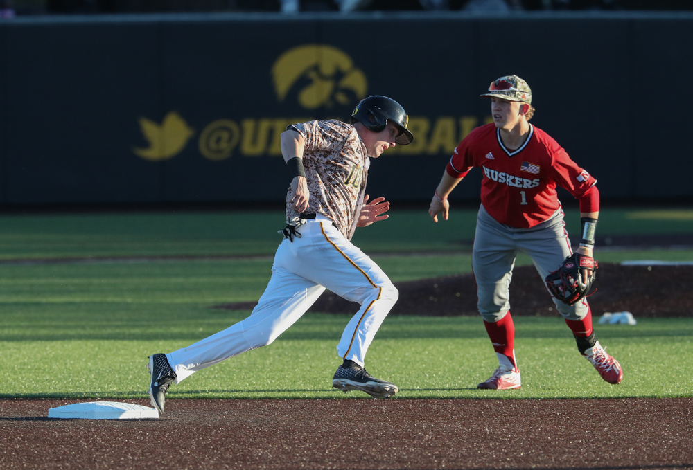 Iowa Hawkeyes Chris Whelan (28) against the Nebraska Cornhuskers on Military Appreciation Night Friday, April 19, 2019 at Duane Banks Field. (Brian Ray/hawkeyesports.com)