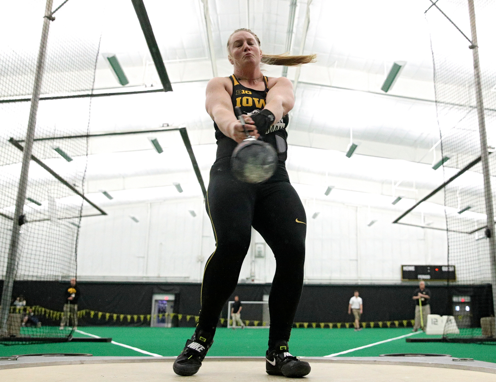 Iowa’s Allison Wahrman throws during the women’s weight throw event at the Hawkeye Tennis and Recreation Complex in Iowa City on Friday, January 31, 2020. (Stephen Mally/hawkeyesports.com)