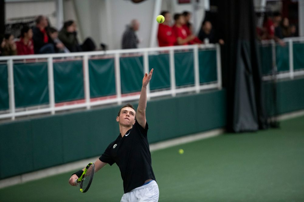 The Iowa men's tennis team competes against Cornell in The Rise Tennis Center in Ithaca, NY on Sunday, Feb. 24, 2019.