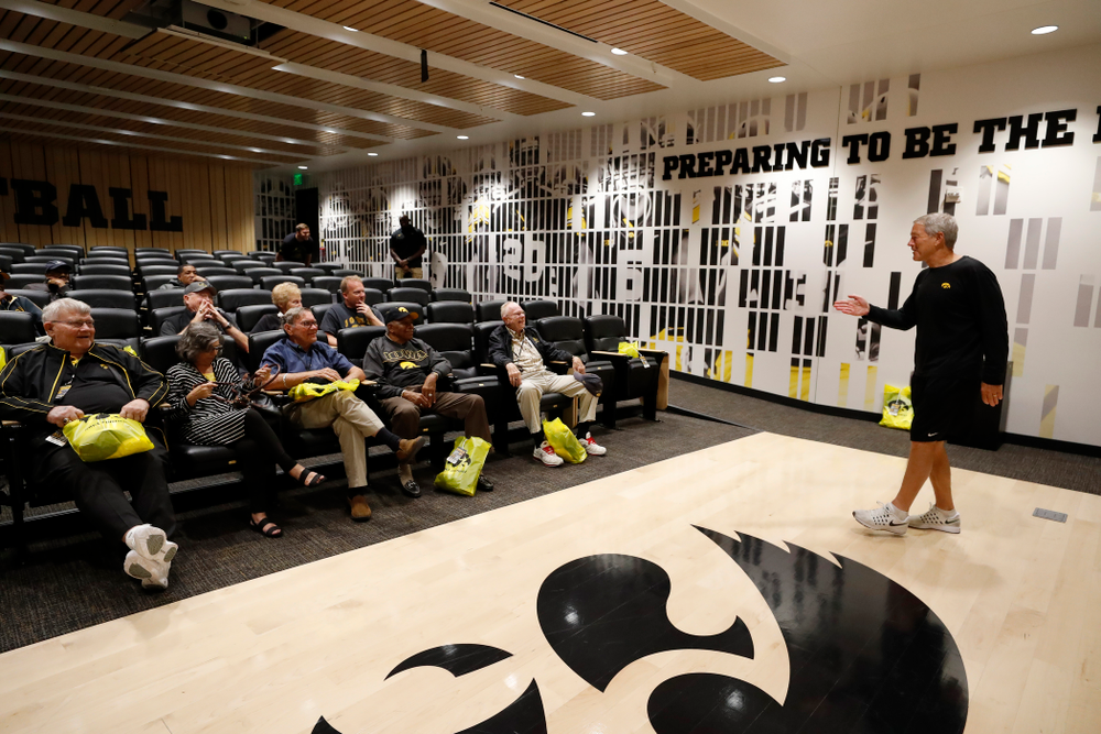 Iowa Hawkeyes head coach Kirk Ferentz talks with members of the 1958 National Championship Team as they tour the Hansen Football Performance Center Friday, September 21, 2018. (Brian Ray/hawkeyesports.com)