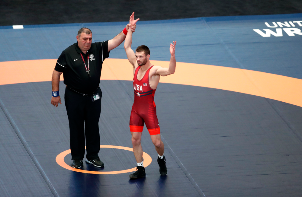 Thomas Gilman during the United World Wrestling Freestyle World Cup Saturday, April 7, 2018 at Carver-Hawkeye Arena. (Brian Ray/hawkeyesports.com)