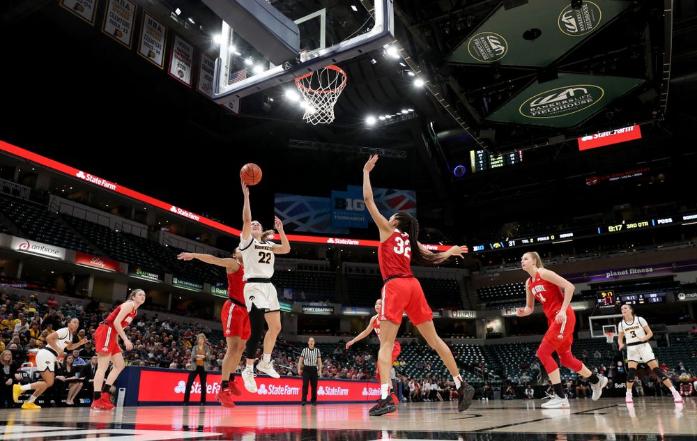 Iowa Hawkeyes guard Kathleen Doyle (22) against Ohio State in the quarterfinals of the Big Ten Basketball Tournament Friday, March 6, 2020 at Bankers Life Fieldhouse in Indianapolis. (Brian Ray/hawkeyesports.com)