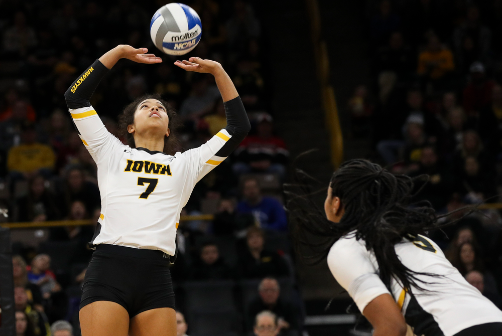 Iowa Hawkeyes setter Brie Orr (7) sets the ball during a match against Maryland at Carver-Hawkeye Arena on November 23, 2018. (Tork Mason/hawkeyesports.com)