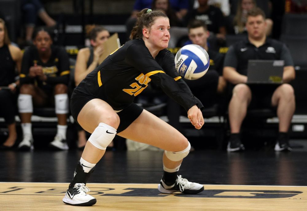 Iowa Hawkeyes outside hitter Edina Schmidt (20) against the Iowa State Cyclones Saturday, September 21, 2019 at Carver-Hawkeye Arena. (Brian Ray/hawkeyesports.com)