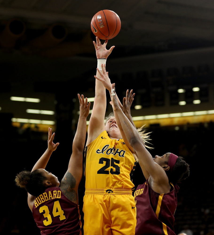 Iowa Hawkeyes forward/center Monika Czinano (25) against the Minnesota Golden Gophers Thursday, February 27, 2020 at Carver-Hawkeye Arena. (Brian Ray/hawkeyesports.com)