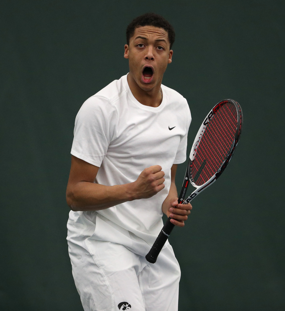 Iowa's Oliver Okonkwo against North Dakota Friday, January 25, 2019 at the Hawkeye Tennis and Recreation Complex. (Brian Ray/hawkeyesports.com)