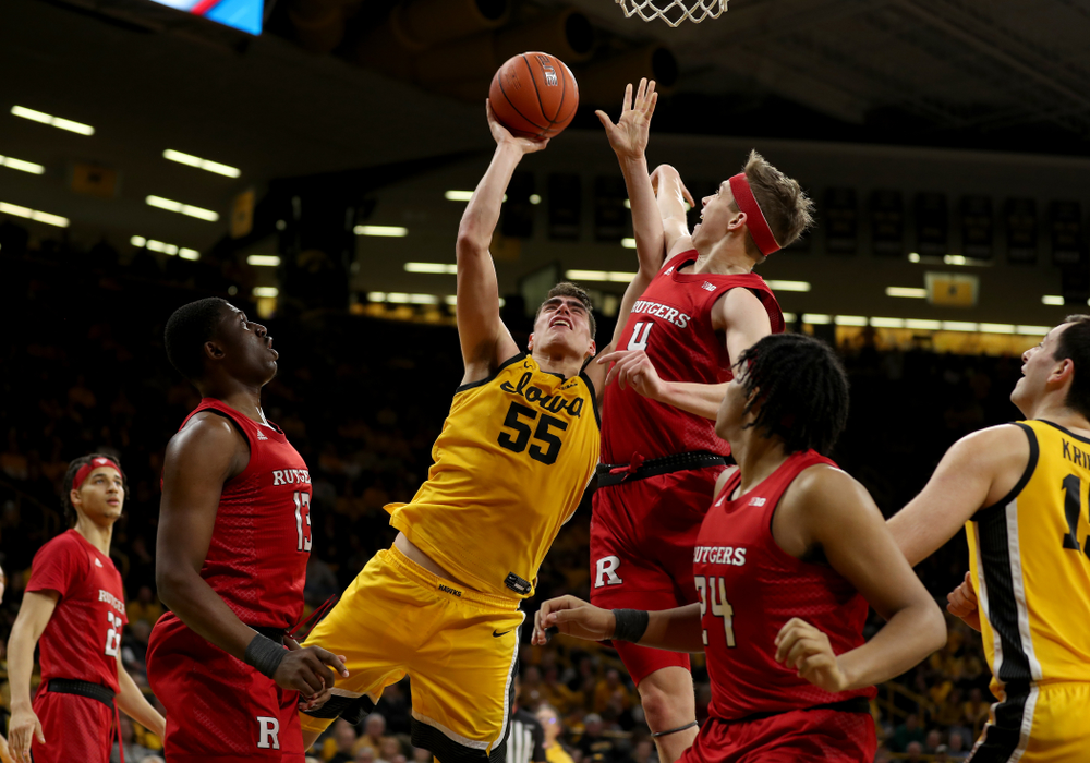 Iowa Hawkeyes forward Luka Garza (55) against the Rutgers Scarlet Knights Wednesday, January 22, 2020 at Carver-Hawkeye Arena. (Brian Ray/hawkeyesports.com)
