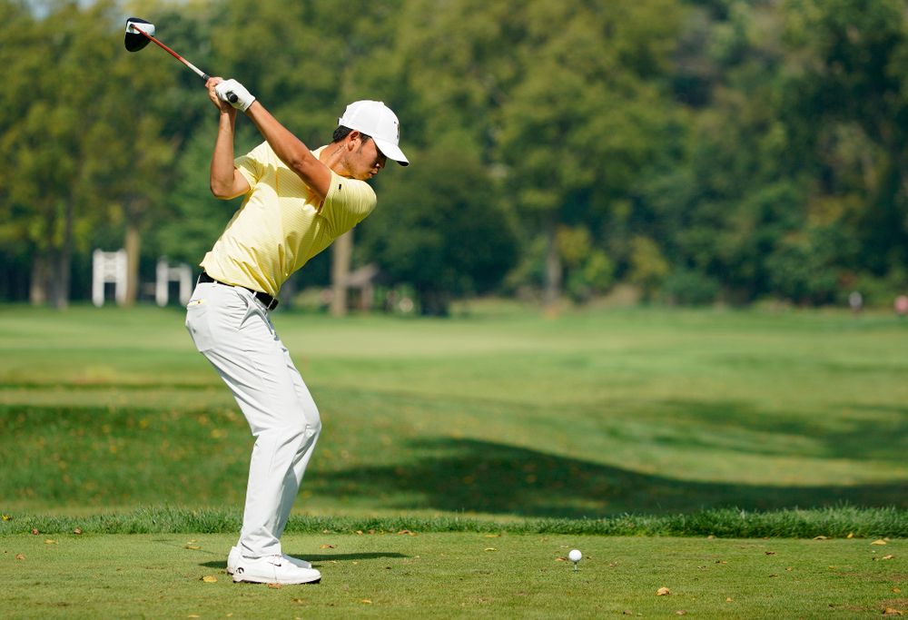 Iowa’s Joe Kim tees off during the third day of the Golfweek Conference Challenge at the Cedar Rapids Country Club in Cedar Rapids on Tuesday, Sep 17, 2019. (Stephen Mally/hawkeyesports.com)