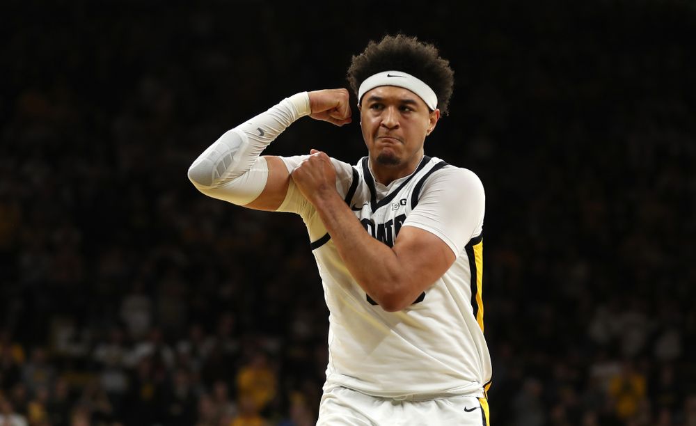 Iowa Hawkeyes forward Cordell Pemsl (35) flexes after a basket against the Ohio State Buckeyes Thursday, February 20, 2020 at Carver-Hawkeye Arena. (Brian Ray/hawkeyesports.com)