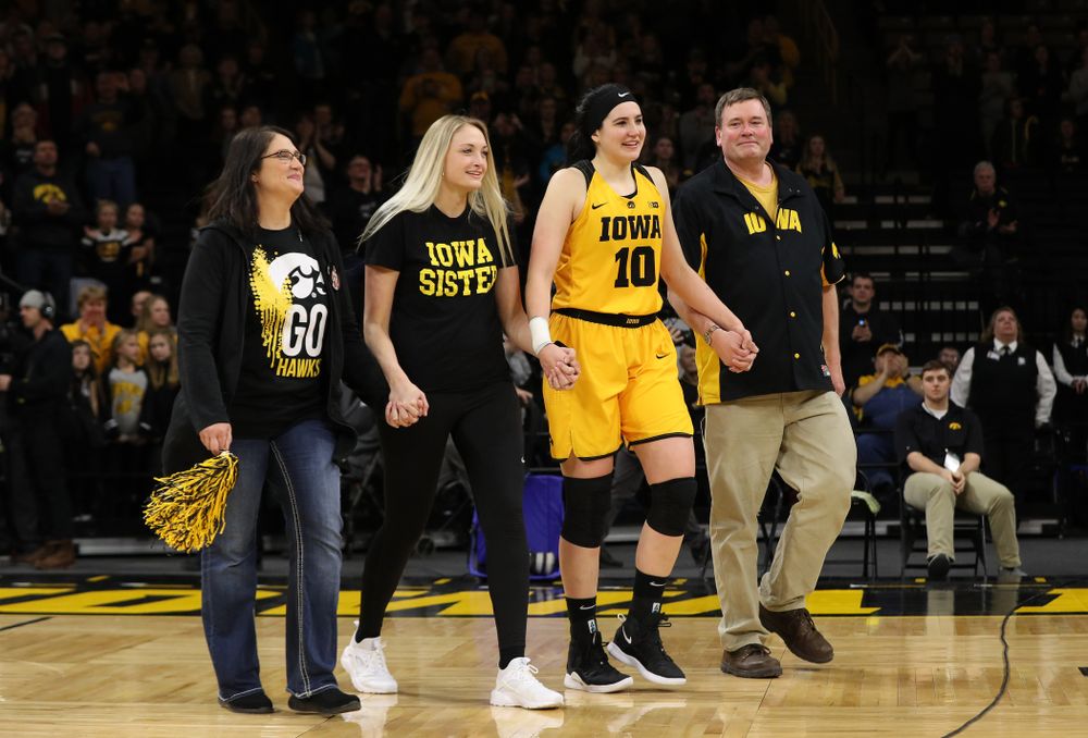 Iowa Hawkeyes forward Megan Gustafson (10) during senior day ceremonies following their game against the Northwestern Wildcats Sunday, March 3, 2019 at Carver-Hawkeye Arena. (Brian Ray/hawkeyesports.com)