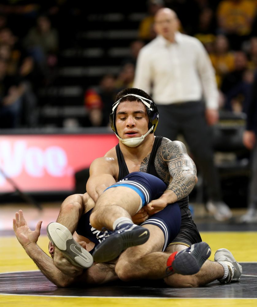 Iowa’s Pat Lugo wrestles Penn State’s Jarod Verkleeren at 149 pounds Friday, January 31, 2020 at Carver-Hawkeye Arena. Lugo defeated Verkleeren 6-1. (Brian Ray/hawkeyesports.com)