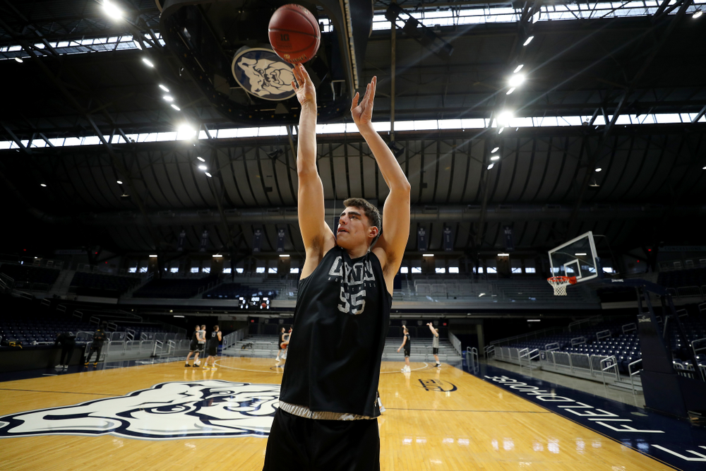 Iowa Hawkeyes forward Luka Garza (55) during practice at Hinkle Fieldhouse Wednesday, March 11, 2020 in Indianapolis. (Brian Ray/hawkeyesports.com)