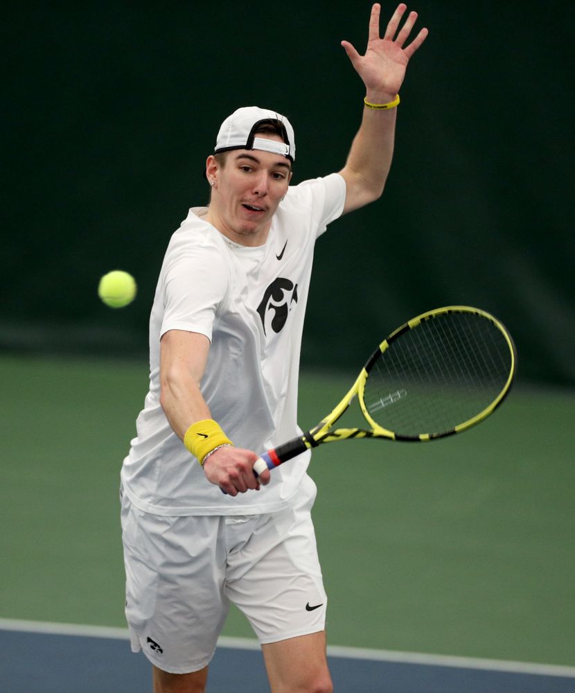 Iowa’s Nikita Snezhko against Cornell Sunday, March 8, 2020 at the Hawkeye Tennis and Recreation Center. (Brian Ray/hawkeyesports.com)