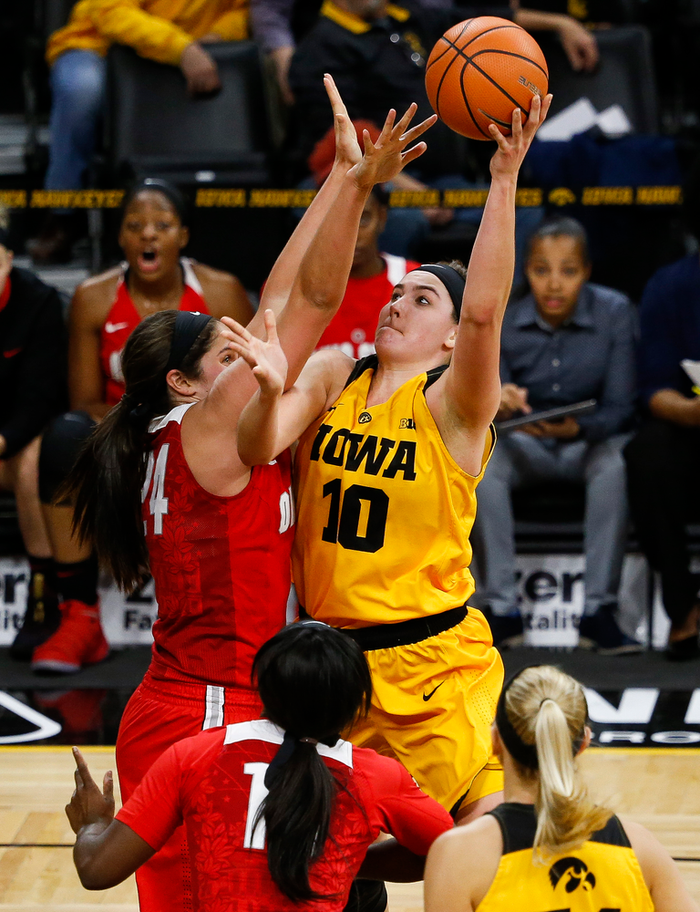 Iowa Hawkeyes forward Megan Gustafson (10) puts up a shot during a game against the Ohio State Buckeyes at Carver-Hawkeye Arena on January 25, 2018. (Tork Mason/hawkeyesports.com)