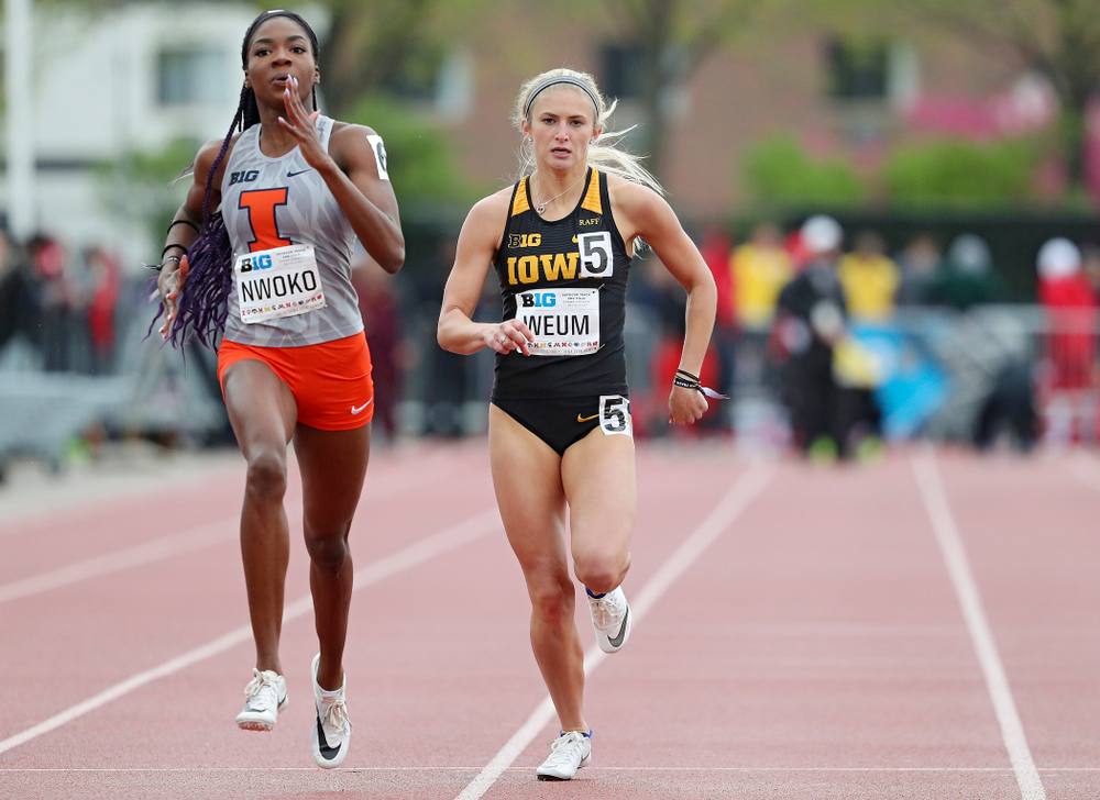 Iowa's Aly Weum runs the women’s 400 meter dash event on the second day of the Big Ten Outdoor Track and Field Championships at Francis X. Cretzmeyer Track in Iowa City on Saturday, May. 11, 2019. (Stephen Mally/hawkeyesports.com)