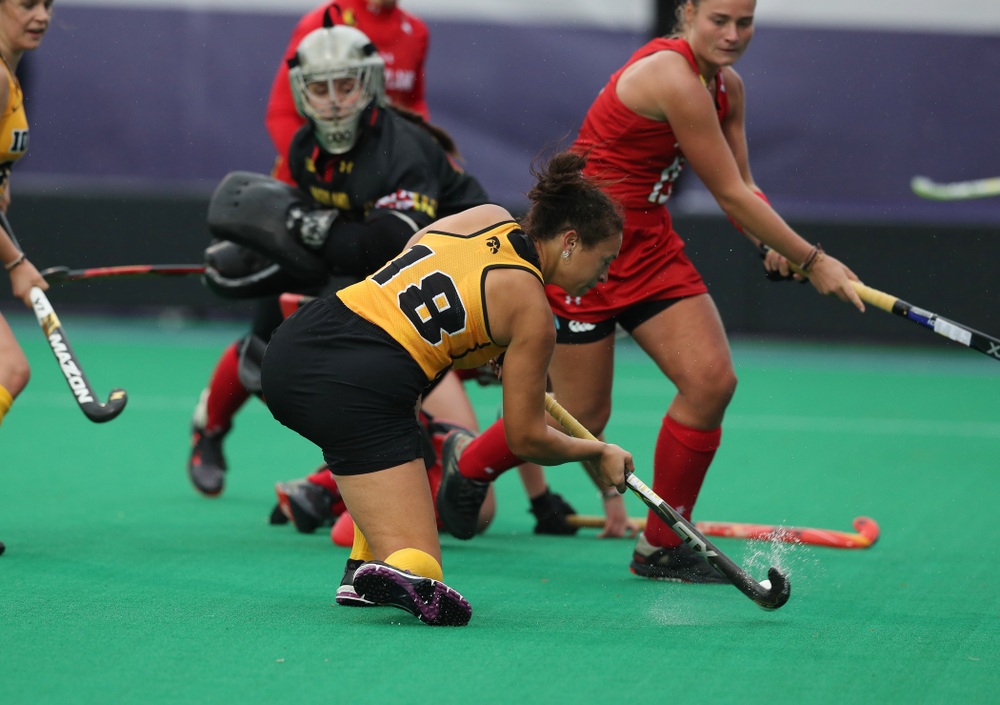 Iowa Hawkeyes Mya Christopher (18) against Maryland during the championship game of the Big Ten Tournament Sunday, November 4, 2018 at Lakeside Field in Evanston, Ill. (Brian Ray/hawkeyesports.com)