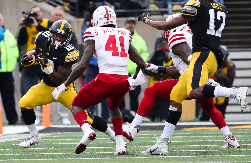 Iowa Hawkeyes running back Mekhi Sargent (10) runs the ball during a game against Nebraska at Kinnick Stadium on November 23, 2018. (Tork Mason/hawkeyesports.com)