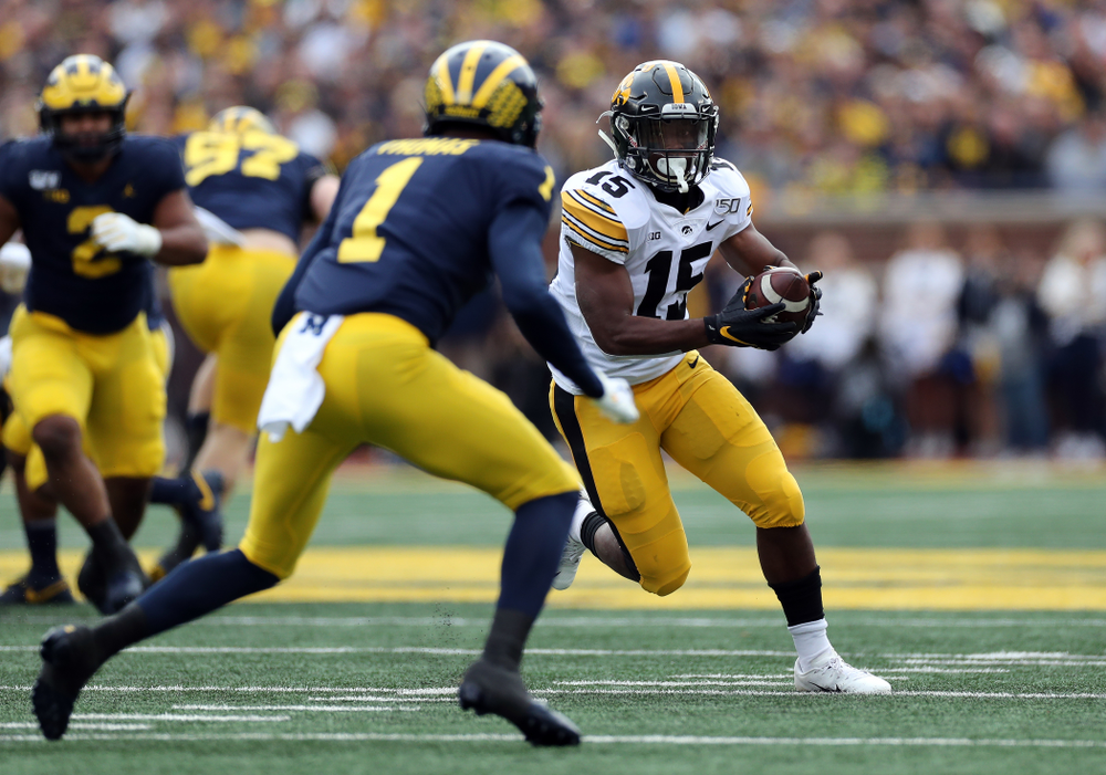 Iowa Hawkeyes running back Tyler Goodson (15) against the Michigan Wolverines Saturday, October 5, 2019 at Michigan Stadium in Ann Arbor, MI. (Brian Ray/hawkeyesports.com)