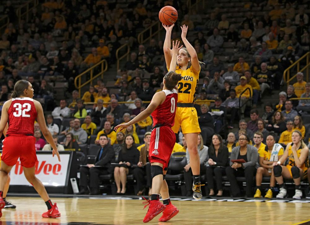 Iowa Hawkeyes guard Kathleen Doyle (22) makes a basket during the fourth quarter of their game at Carver-Hawkeye Arena in Iowa City on Thursday, January 23, 2020. (Stephen Mally/hawkeyesports.com)