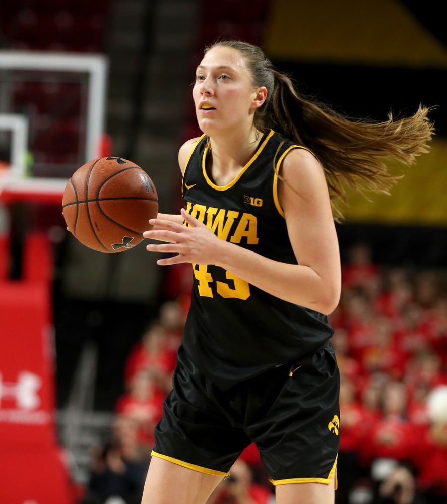 Iowa Hawkeyes forward Amanda Ollinger (43) against the Maryland Terrapins Thursday, February 13, 2020 at the Xfinity Center in College Park, MD. (Brian Ray/hawkeyesports.com)