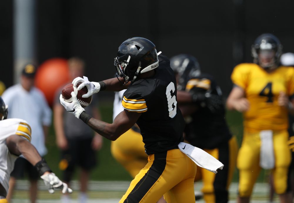 Iowa Hawkeyes wide receiver Ihmir Smith-Marsette (6) during Fall Camp Practice No. 5 Tuesday, August 6, 2019 at the Ronald D. and Margaret L. Kenyon Football Practice Facility. (Brian Ray/hawkeyesports.com)