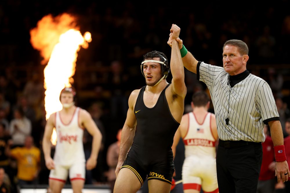 Iowa’s Michael Kemerer wrestles Nebraska’s Mickey Labriola at 174 pounds Saturday, January 18, 2020 at Carver-Hawkeye Arena. Kemerer won the match 3-1. (Brian Ray/hawkeyesports.com)