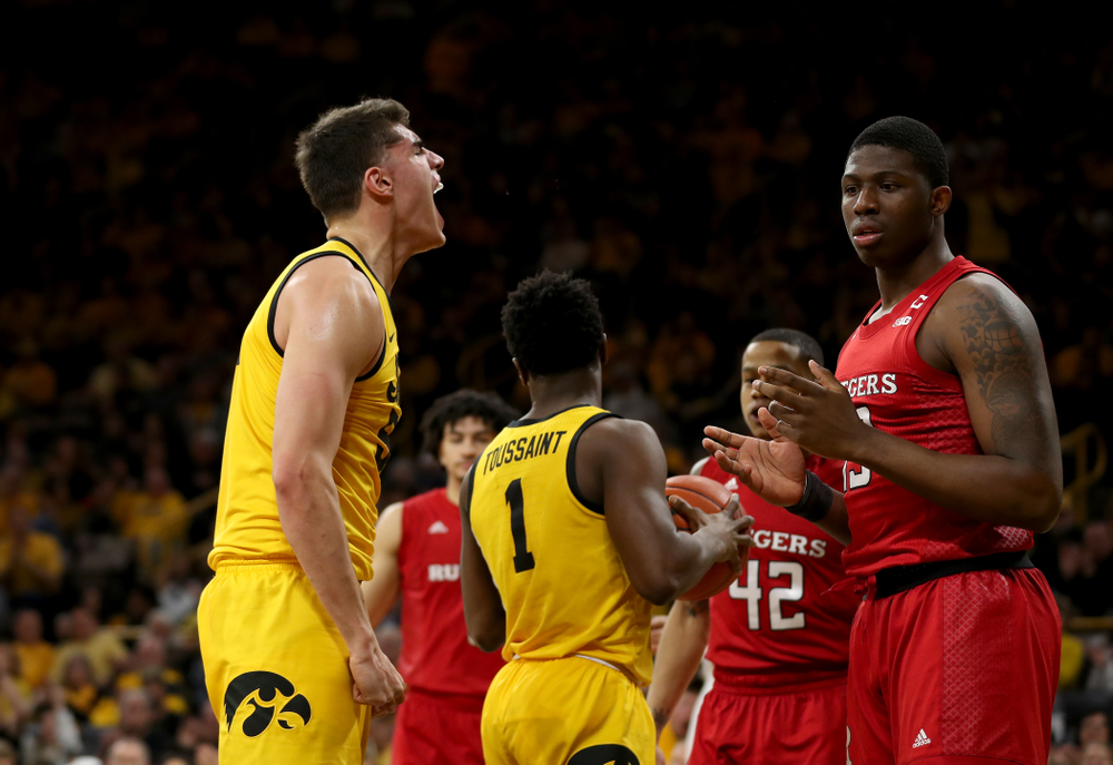 Iowa Hawkeyes forward Luka Garza (55) reacts after making a basket and drawing a foul against the Rutgers Scarlet Knights Wednesday, January 22, 2020 at Carver-Hawkeye Arena. (Brian Ray/hawkeyesports.com)