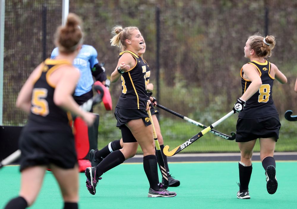 Iowa Hawkeyes forward Leah Zellner (13) celebrates after scoring during a 2-1 victory against the Ohio State Buckeyes Friday, September 27, 2019 at Grant Field. (Brian Ray/hawkeyesports.com)