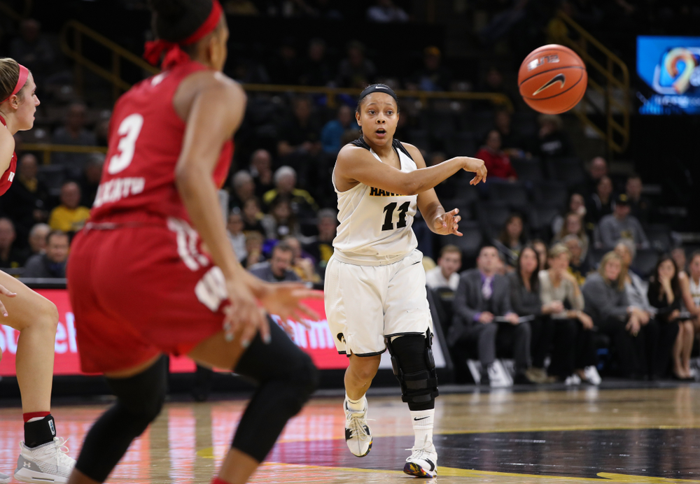 Iowa Hawkeyes guard Tania Davis (11) against the Wisconsin Badgers Monday, January 7, 2019 at Carver-Hawkeye Arena. (Brian Ray/hawkeyesports.com)