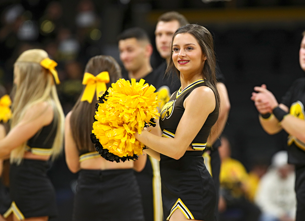 Iowa Cheerleaders perform during the second half of their exhibition game against Lindsey Wilson College at Carver-Hawkeye Arena in Iowa City on Monday, Nov 4, 2019. (Stephen Mally/hawkeyesports.com)