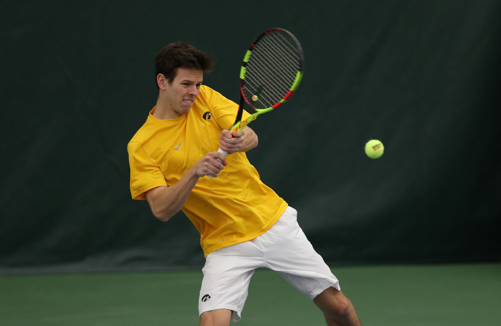 Piotr Smietana against Utah Sunday, February 10, 2019 at the Hawkeye Tennis and Recreation Complex. (Brian Ray/hawkeyesports.com)