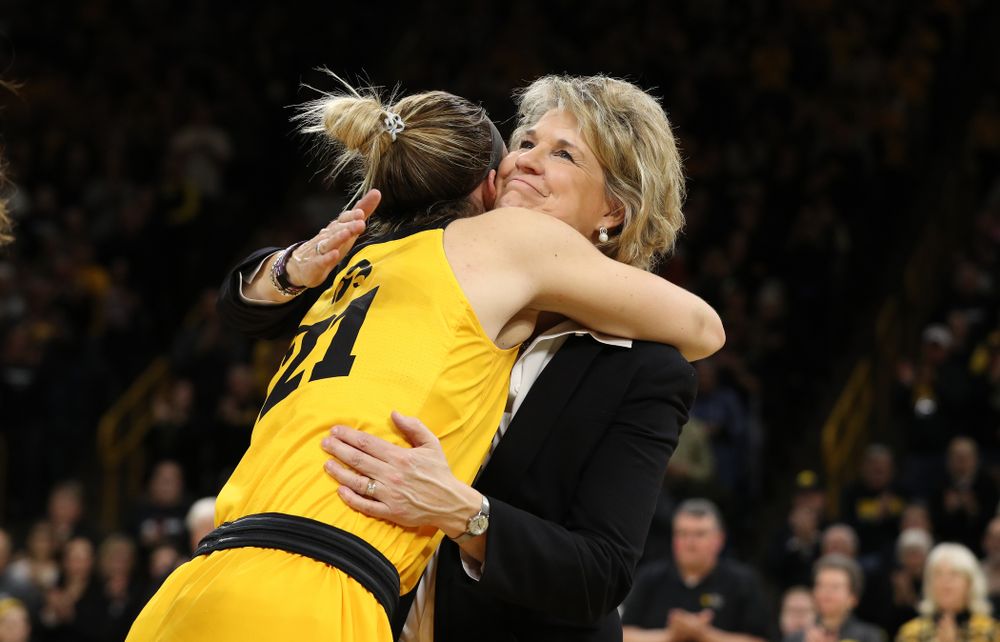 Iowa Hawkeyes head coach Lisa Bluder during senior day ceremonies following their game against the Northwestern Wildcats Sunday, March 3, 2019 at Carver-Hawkeye Arena. (Brian Ray/hawkeyesports.com)