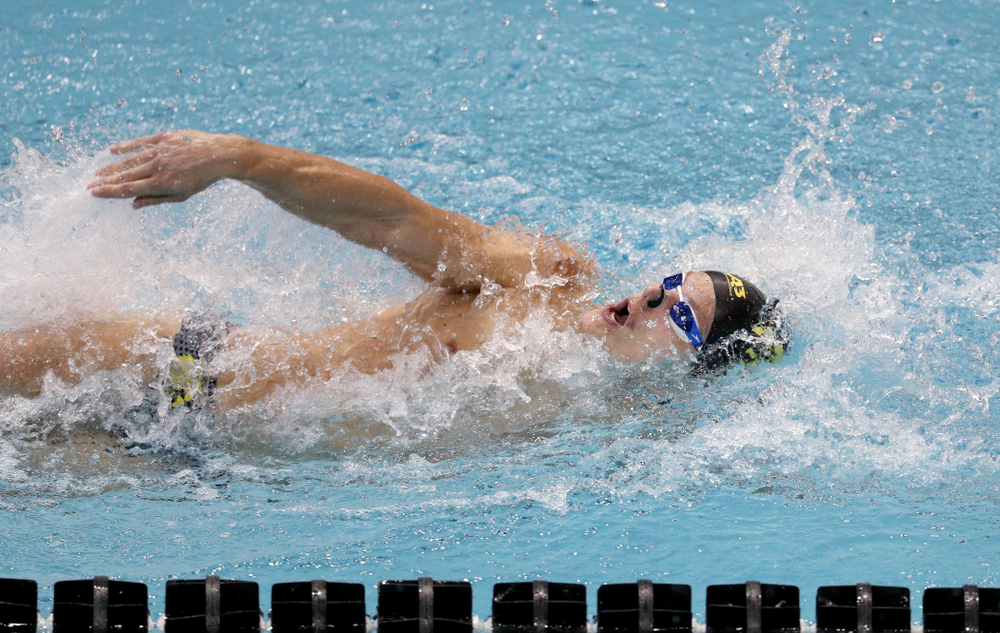 IowaÕs Anze Fers Erzen competes in the 100 yard backstroke against Notre Dame and Illinois Saturday, January 11, 2020 at the Campus Recreation and Wellness Center. (Brian Ray/hawkeyesports.com)