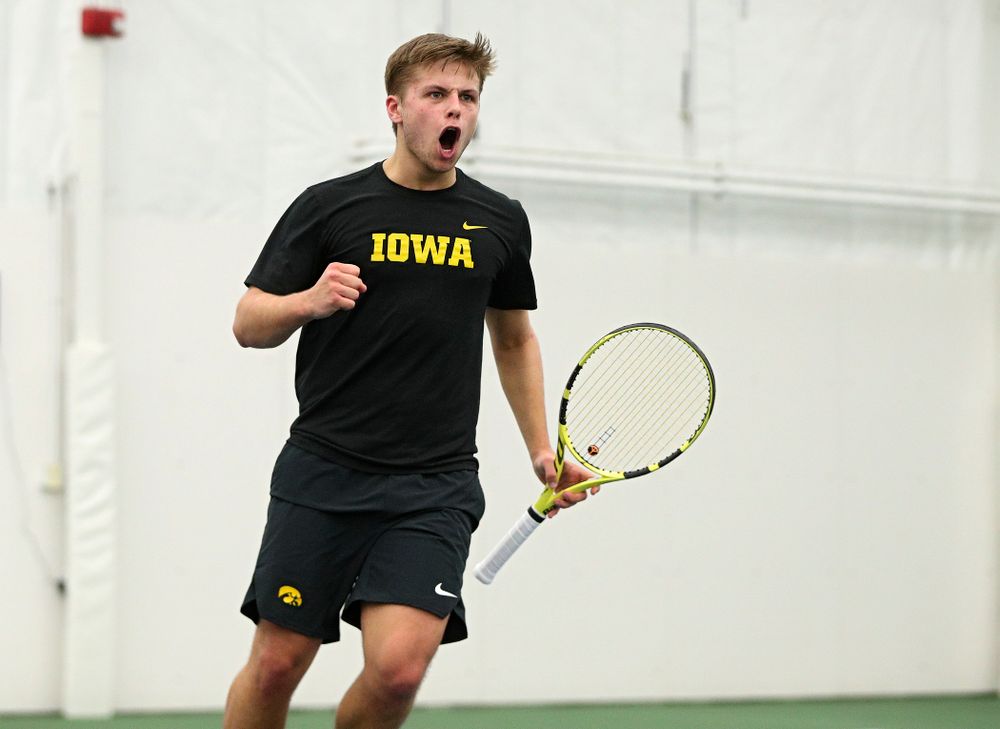 Iowa’s Will Davies celebrates a point during his singles match at the Hawkeye Tennis and Recreation Complex in Iowa City on Friday, March 6, 2020. (Stephen Mally/hawkeyesports.com)