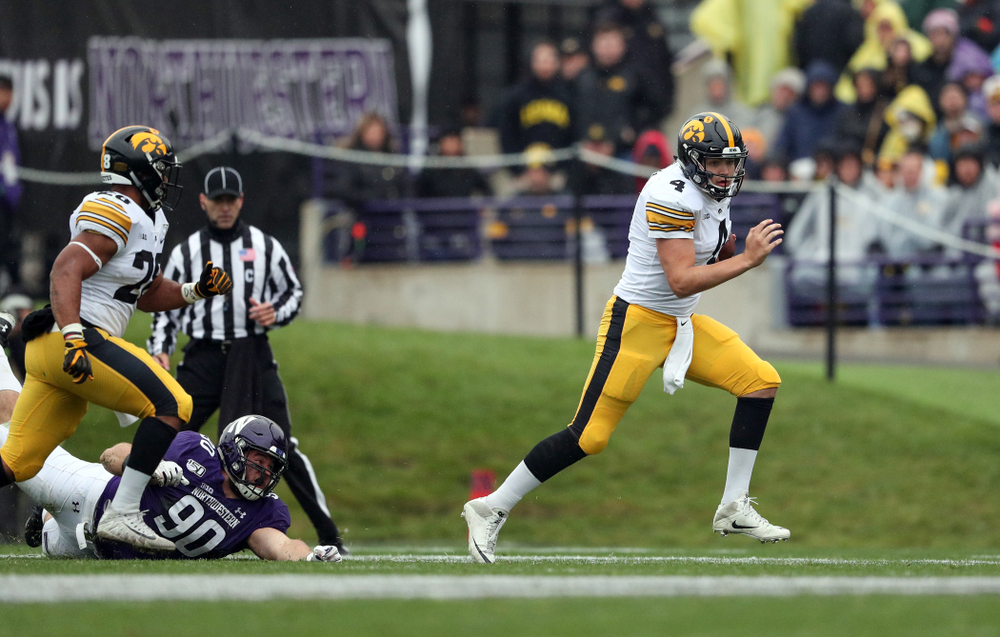 Iowa Hawkeyes quarterback Nate Stanley (4) against the Northwestern Wildcats Saturday, October 26, 2019 at Ryan Field in Evanston, Ill. (Brian Ray/hawkeyesports.com)